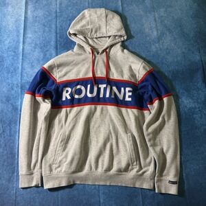 Streetwear Routine Colorblock Graphic Hoodie Gray Blue Red Large